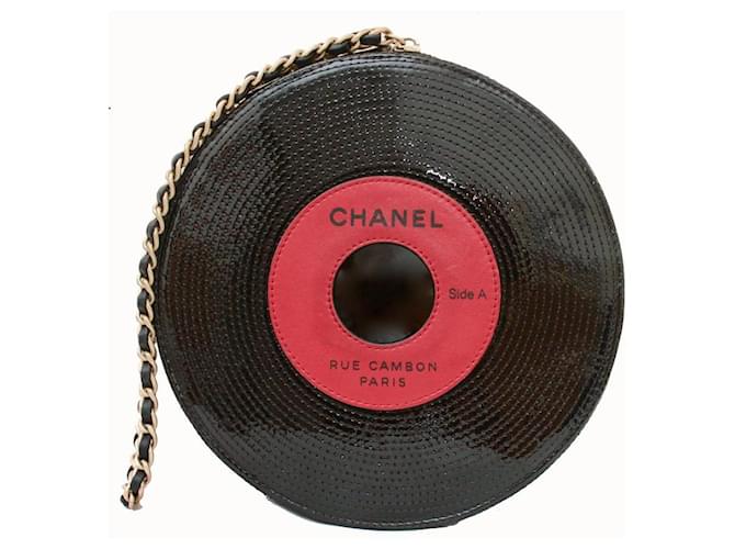 Chanel 2004 Embreagem de corrente de disco de vinil LP com motivo de registro de pista Couro Cadeia  ref.336766