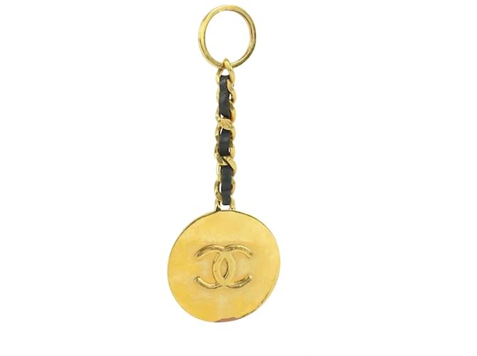 Chanel 93P CC Logo Black Interlaced Chain Keychain Bag Charm Leather  ref.336774