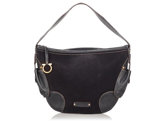 Salvatore Ferragamo Ferragamo Black Gancini Suede Hobo Bag Leather