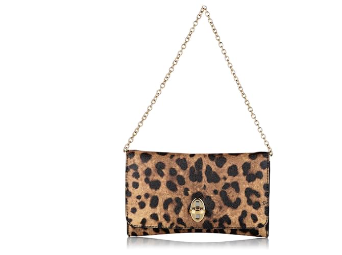 Dolce & Gabbana bolso de hombro de leopardo con estampado de leopardo marrón Taormina Castaño Negro Cuero Becerro  ref.337192