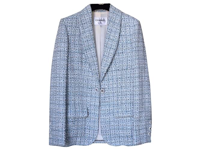 Chanel 2019 Veste blazer en tweed fantaisie Cruise LA PAUSA Coton Blanc Bleu Bleu clair  ref.337563