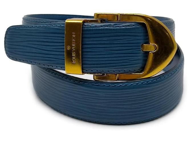 Louis Vuitton Cinto de couro epi azul Ouro branco Metal  ref.337707