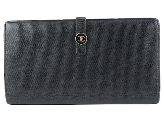 Chanel Carteira de couro de bezerro preta com logotipo CC com aba longa 16CC719  ref.337729