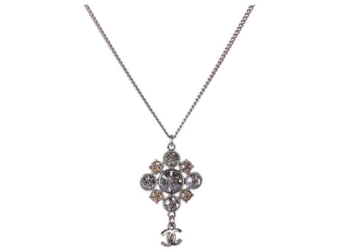Chanel Silver CC Rhinestone Pendant Necklace Silvery Metal  ref.337943