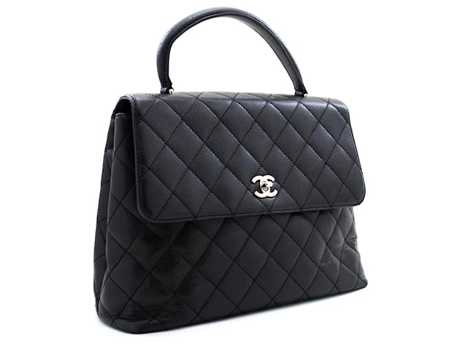 CHANEL Coco handle Caviar Handbag Bag Black Flap Leather Silver