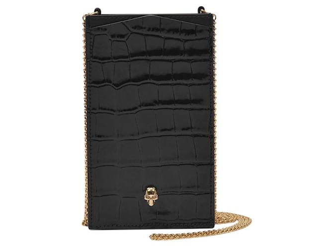 Alexander Mcqueen Phone Case On Chain in Black Embrossed Leather Pony-style calfskin  ref.338575