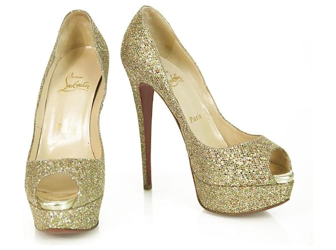 Christian Louboutin Gold Glittery Lady Peep Platform Heels Peep Toe Pumps 37 Golden  ref.339098