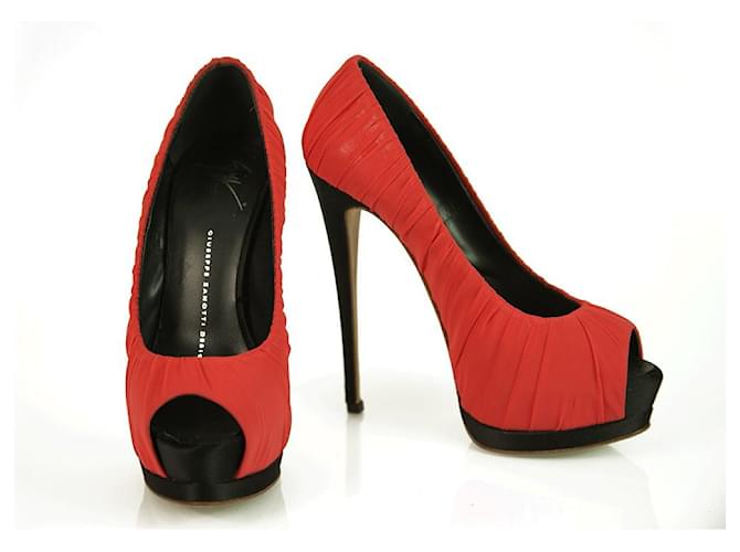Giuseppe Zanotti Coral Red Silk Fabric Black High Heels Peep Toe Pumps sz 37  ref.339205