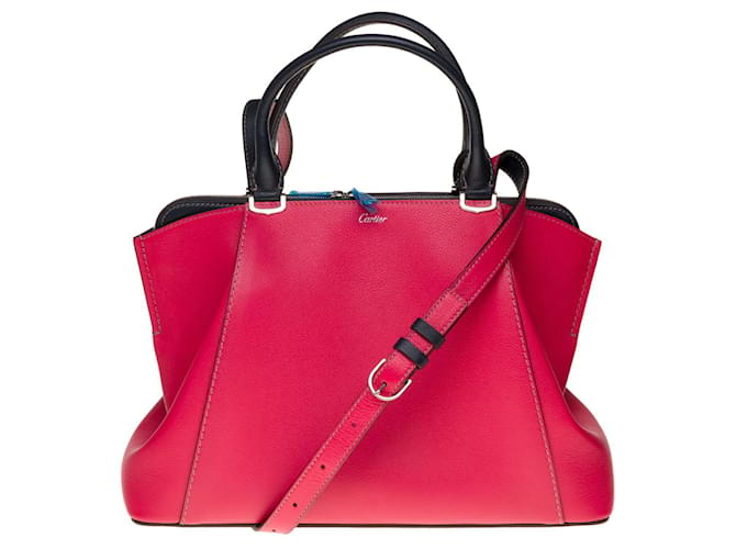 Superb C de Cartier medium model handbag / shoulder strap in red and black leather, Garniture en métal argenté  ref.339370