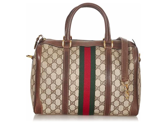Gucci Brown GG Supreme Web Boston Bag Multiple colors Beige Leather Cloth Pony-style calfskin Cloth  ref.339425