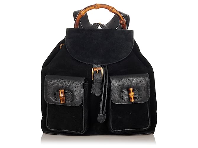 Gucci Black Bamboo Suede Drawstring Backpack Leather Pony-style calfskin  ref.339438