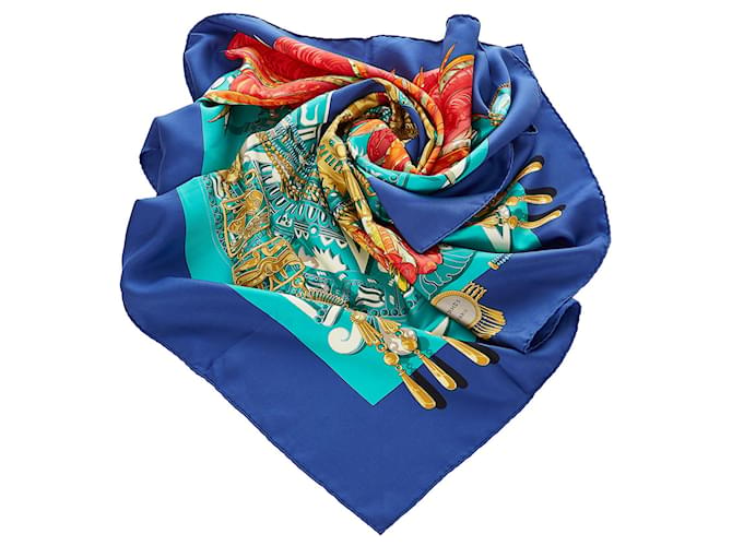 Hermès Lenço de Seda Hermes Azul Grande Buda Multicor Pano  ref.339479
