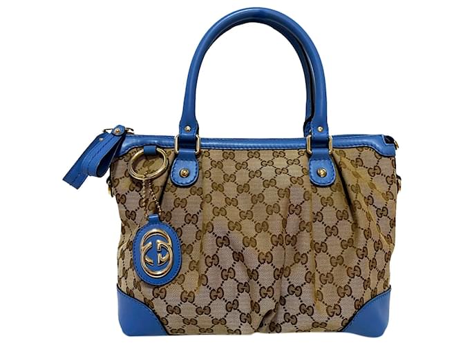 Cartable Gucci Suede GG en toile marron Cuir Veau façon poulain Tissu Bleu  ref.339510