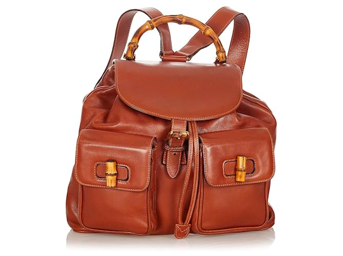 Gucci Brown Bamboo Drawstring Leather Backpack Pony-style calfskin  ref.339531