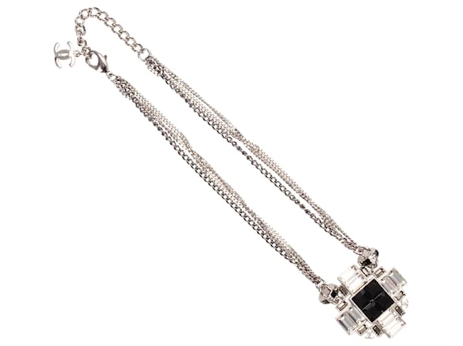 Chanel Silver Crystal Cross Pendant Necklace Black Silvery Metal  ref.339574