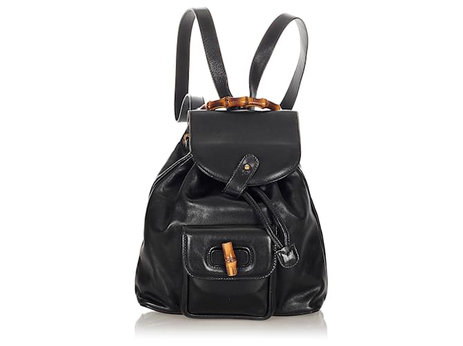 Gucci Black Bamboo Leather Drawstring Backpack Pony-style calfskin  ref.339595