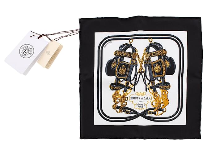 Hermès Hermes Black Brides de Gala Mini écharpe en soie Tissu Noir Multicolore  ref.340288