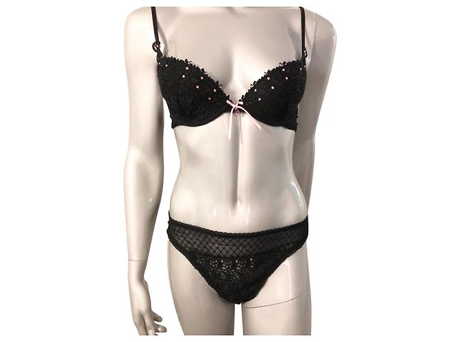 Autre Marque Conjunto de lingerie de renda preta e strass rosa Preto