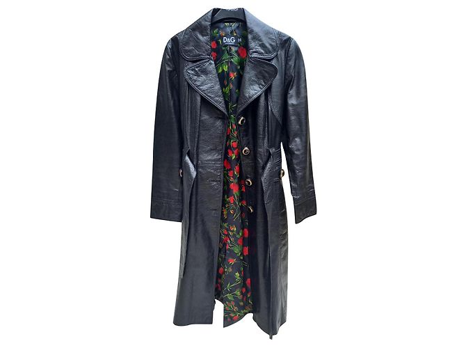 Dolce & Gabbana Casaco longo de couro preto com cinto