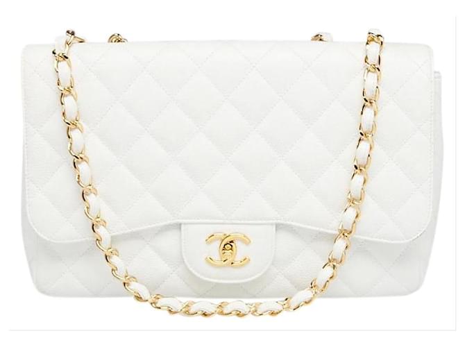 Chanel Quilted White Caviar Jumbo Classic lined Flap Gold Chain Leather White  gold ref.340380 - Joli Closet