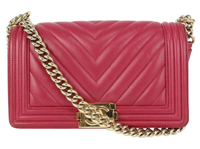 Chanel Dark Pink Fuschia Chevron Quilted Lambskin Medium Boy Bag Gold Leather White gold  ref.340381
