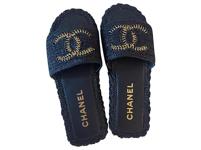 Cambon Chanel Sandálias Preto Palha  ref.340618
