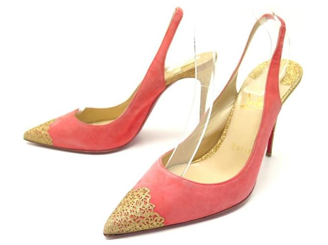 CHRISTIAN LOUBOUTIN SHOES 37.5 PINK SUEDE & GOLD GLITTER PUMPS  ref.340798