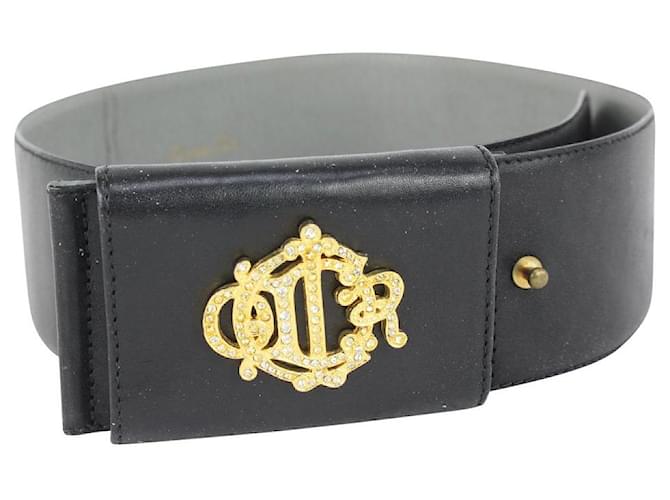 Dior Cinturón con iniciales de cristal negro x dorado Cuero Oro blanco  ref.340878