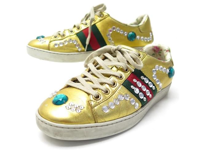 CHAUSSURES GUCCI BASKETS ACE STRASS 471939 36 IT 37 FR CUIR DORE SNEAKERS Doré  ref.340974