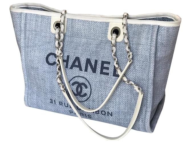 Chanel Deauville Tasche 34 cm Hellblau Leinwand John  ref.341008
