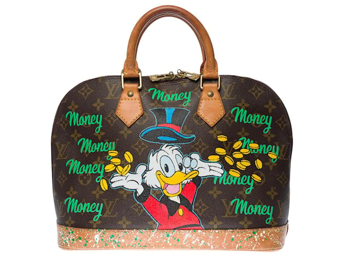 Louis Vuitton Alma bag in brown monogram canvas customized "Picsou loves Money" Cloth  ref.341396