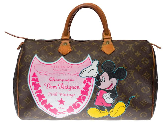 Speedy Louis Vuitton schnelle Handtasche 35 in individueller Monogramm-Leinwand "Mickey loves Champagne" Braun  ref.341487