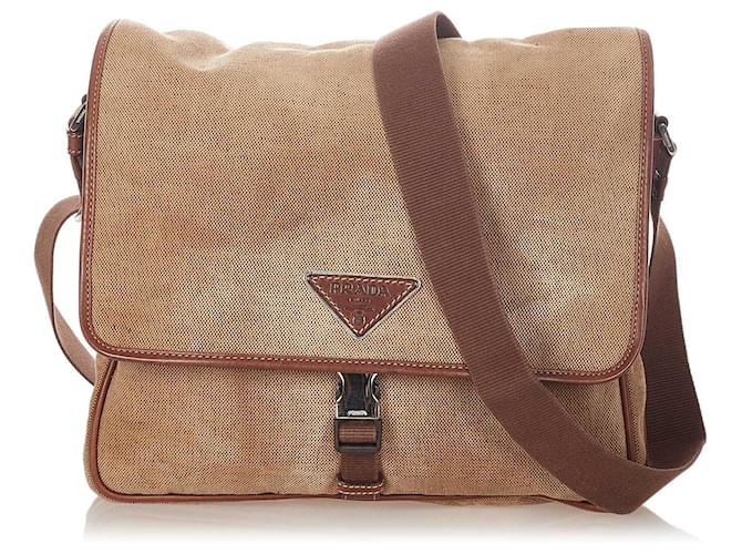 Prada Brown Canvas Crossbody Bag Beige Leather Cloth Pony-style calfskin Cloth  ref.342173