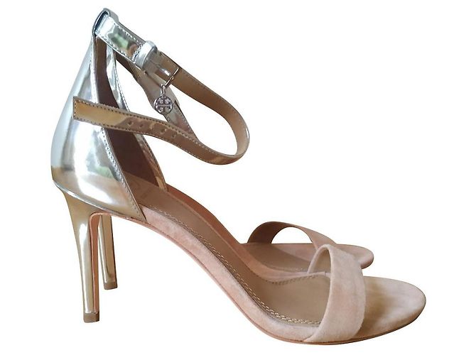 Tory Burch Ellie Ankle Strap Sandals Beige Suede Metallic Leather 