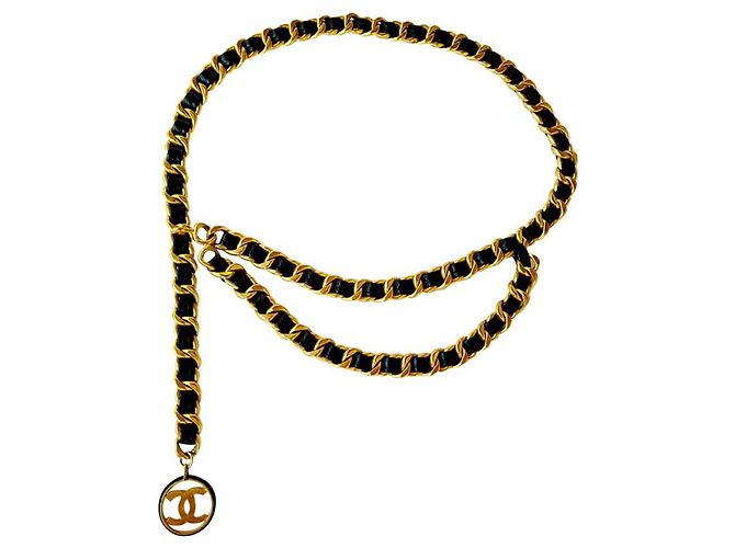 Cinturón Chanel Cambon de cadena con logo negro Dorado