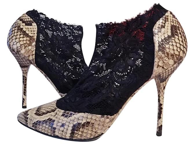 Dolce & Gabbana Chaussures python et dentelle D&G Marron Noir Beige  ref.343166