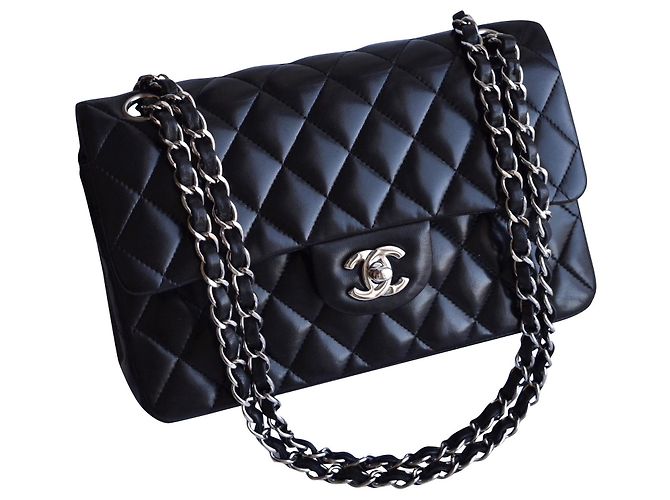 Timeless Chanel Bolsa clássica atemporal com aba dbl prata HW 23 cm Preto