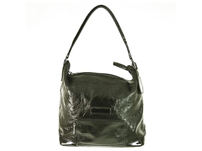 Longchamp preto brilhante couro frontal com zíper com zíper e bolsa de ombro Hobo