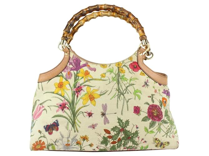 Gucci Bamboo Flora Floral Tote Bag Couro  ref.344400