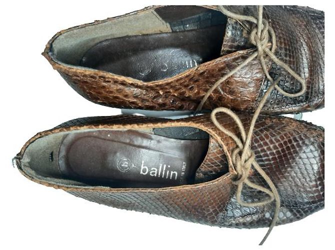 (second hand) Ballin Sz. 38 Leather Multicolor Python Snake skin Mules Kitten Heels Brown