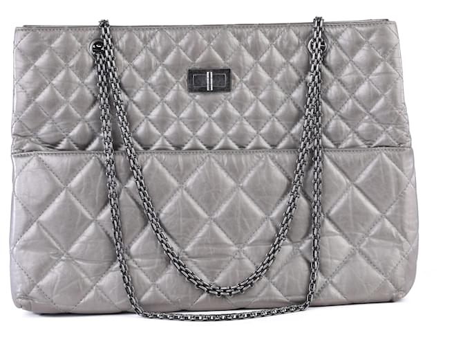 Mademoiselle Chanel Silver Grey Tall Quilted Classic Reissue Tote Bag Leather  ref.344821