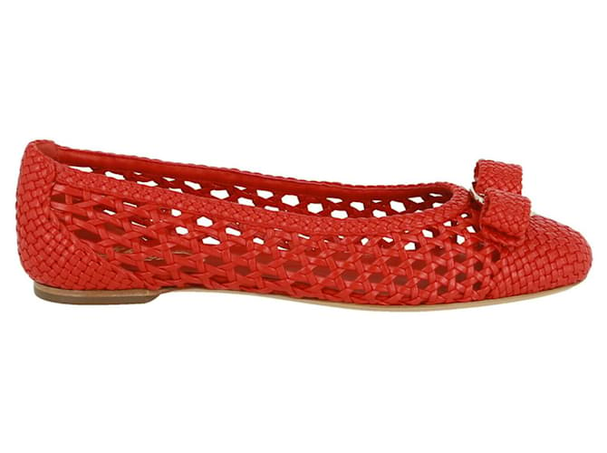 Salvatore Ferragamo Varina Leather Woven Flat Red ref.344885