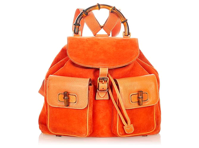 Gucci Orange Bamboo Suede Backpack Leather  ref.345968