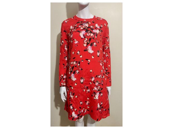 Cacharel Rotes Seidenkleid mit Orchideenmuster Mehrfarben