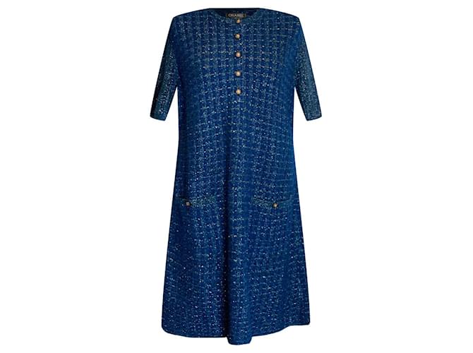 Chanel Cosmopolite Metallic-Kleid Blau Leinwand  ref.346577