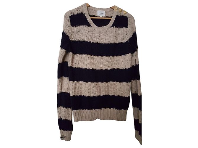 Sézane gestreifter Matrosenpullover Modell Lamberto Beige Marineblau 