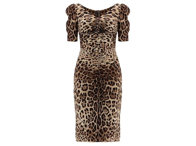 Vestido mescla de seda com estampa de leopardo Dolce & Gabbana Marrom  ref.347454