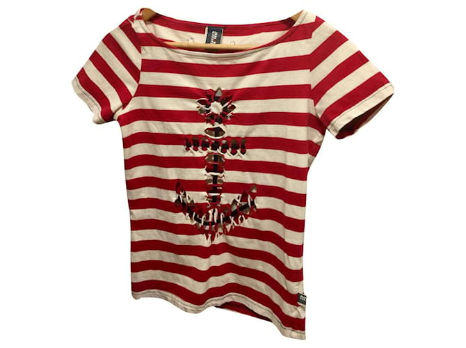 Jean Paul Gaultier T-shirt à rayures JPG avec découpe motif ancre Coton Blanc Rouge  ref.348774