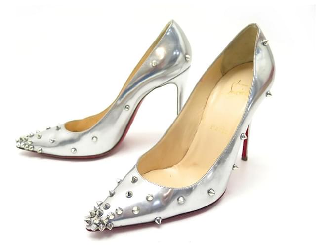 CHRISTIAN LOUBOUTIN PIGALLE SPIKE SHOES 38 PUMP SILVER LEATHER PUMPS Silvery  ref.348882