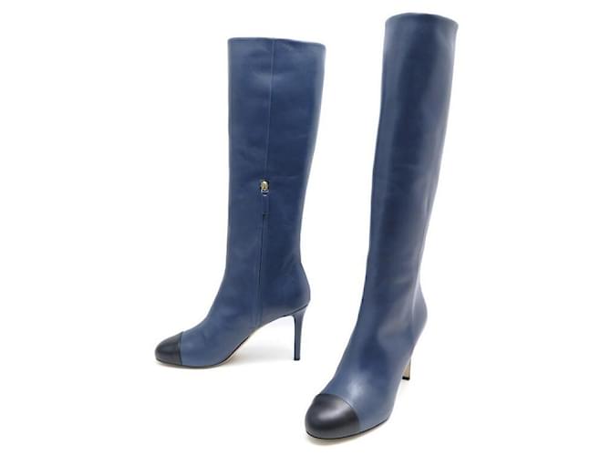 NEW CHANEL BOOTS WITH G HEELS33566 40 BLUE LEATHER BOOTS SHOES  ref.348893